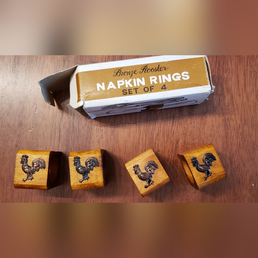 Vintage Bronze Rooster Napkin Rings Set of 4